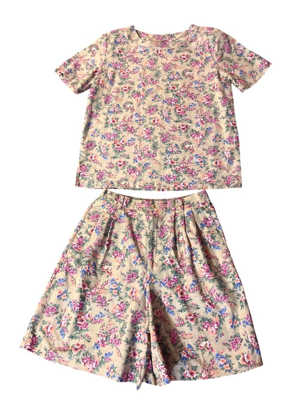 Vintage White Stag Floral Top M & Shorts 12 Beige Multicolor Used Linen Cotton